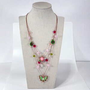 Betsey Johnson Layered Necklace Butterfly Pink Beaded Charm Rose Gold Tone 24"